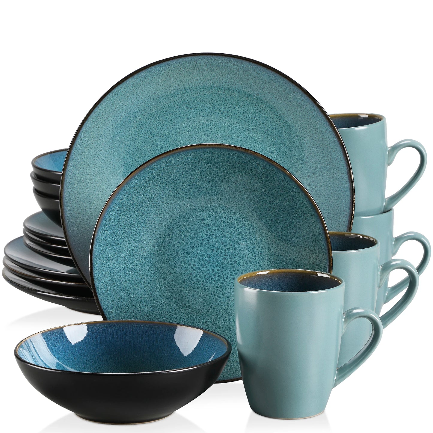 VANCASSO BUBBLE 16/32/48-Piece Tableware Set Vintage Ceramic Blue/Brown Stoneware Set with Dinner&Dessert Plate,Bowl,Coffee Cups