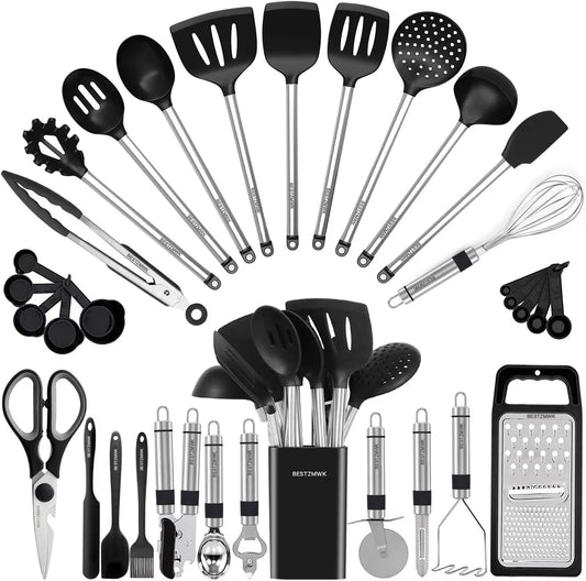 Kitchen Utensil Set-Silicone Cooking Utensils-33 Kitchen Gadgets & Spoons for Nonstick Cookware-Silicone and Stainless Steel Spa